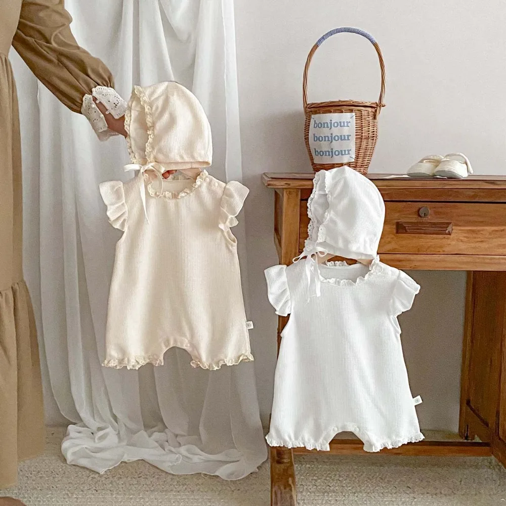 INS Summer Baby Girl Romper 0-2Years Casual Newborn Solid Color Waffle Pattern Cotton Jumpsuit Hat 2PCS Outfits Clothes