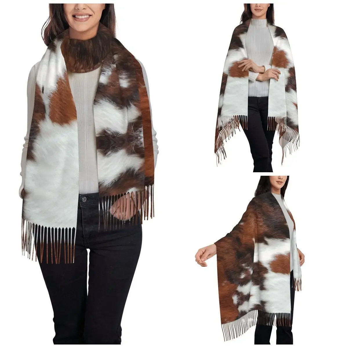 Cowhide Rodeo Shawl Wrap Women Warm Long Soft Scarf Animal Fur Skin Leather Texture Pashminas Shawl Scarves