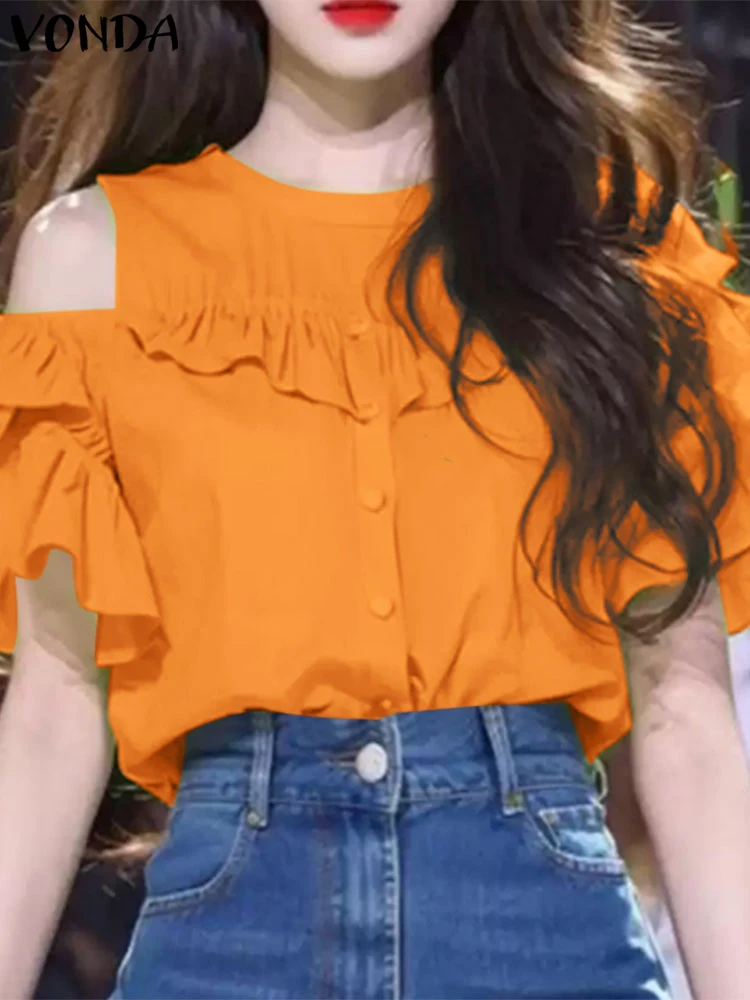 VONDA Summer Short Sleeeve Tops Tee Women Blouses Ruffles Shirt O Neck Tunic Solid Party Streetwear Off Shoulder Female Blusas