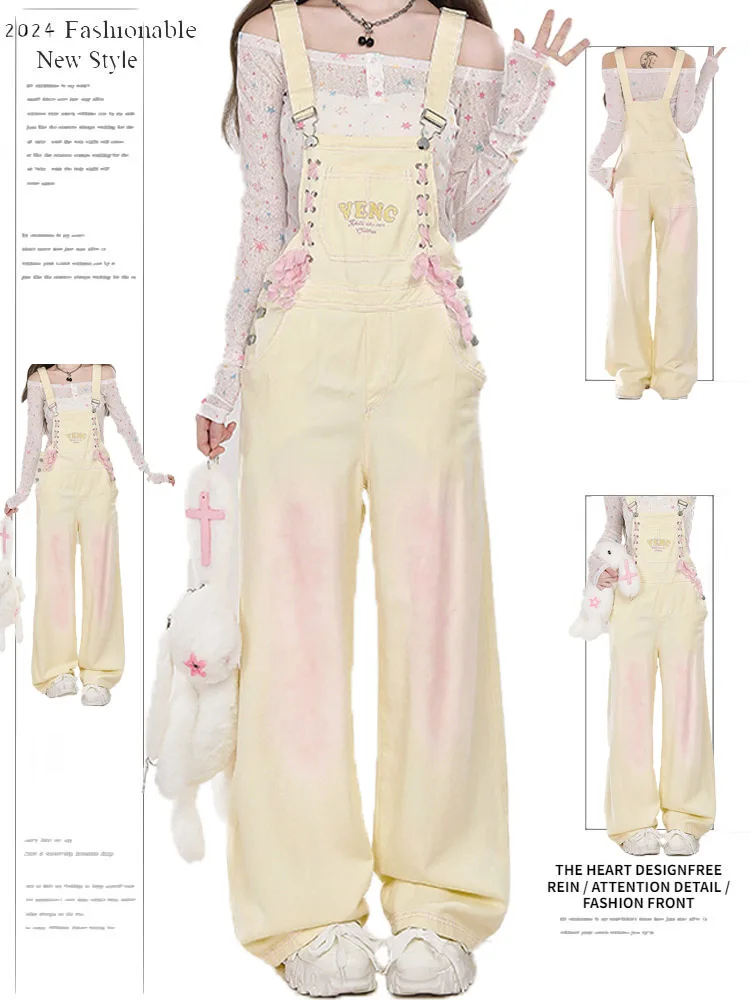 

Sweet Summer Design Loose Wide Leg Pants Women's Fufu adient Bow Tie Overalls Straight Cut Denim Trousers l Waist