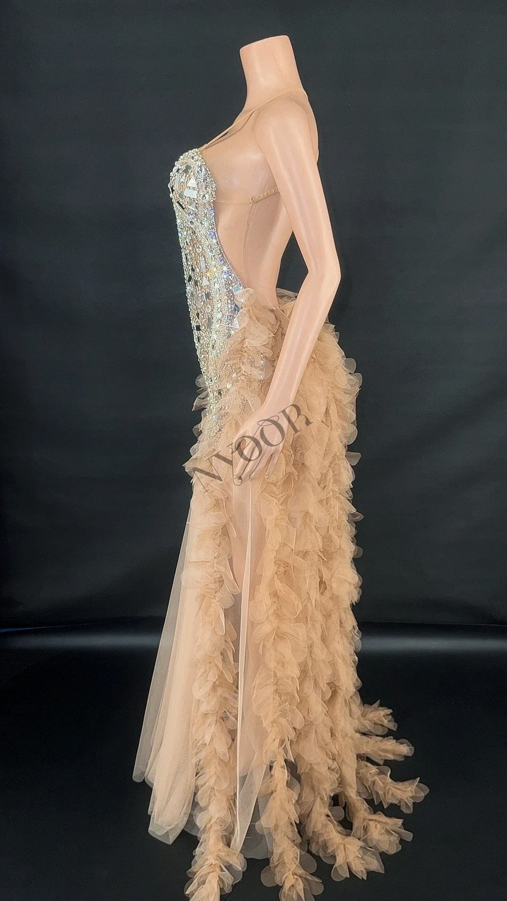 Vestido longo com strass brilhantes, sexy, profundo pescoço v, sem encosto, malha, para o baile de formatura, noite, aniversário, sessão de fotos