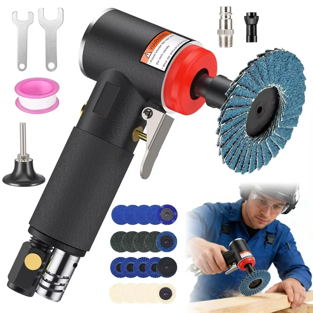 90 °   Meuleuse pneumatique avec interrupteur à pression et poignée recouverte de caoutchouc, mandrin de 3 mm/6 mm, comprend 20 disques de ponçage, meuleuse d’angle pneumatique pour le polissage, le ponçage et les projets de bricolage, conception durable et ergonomique.