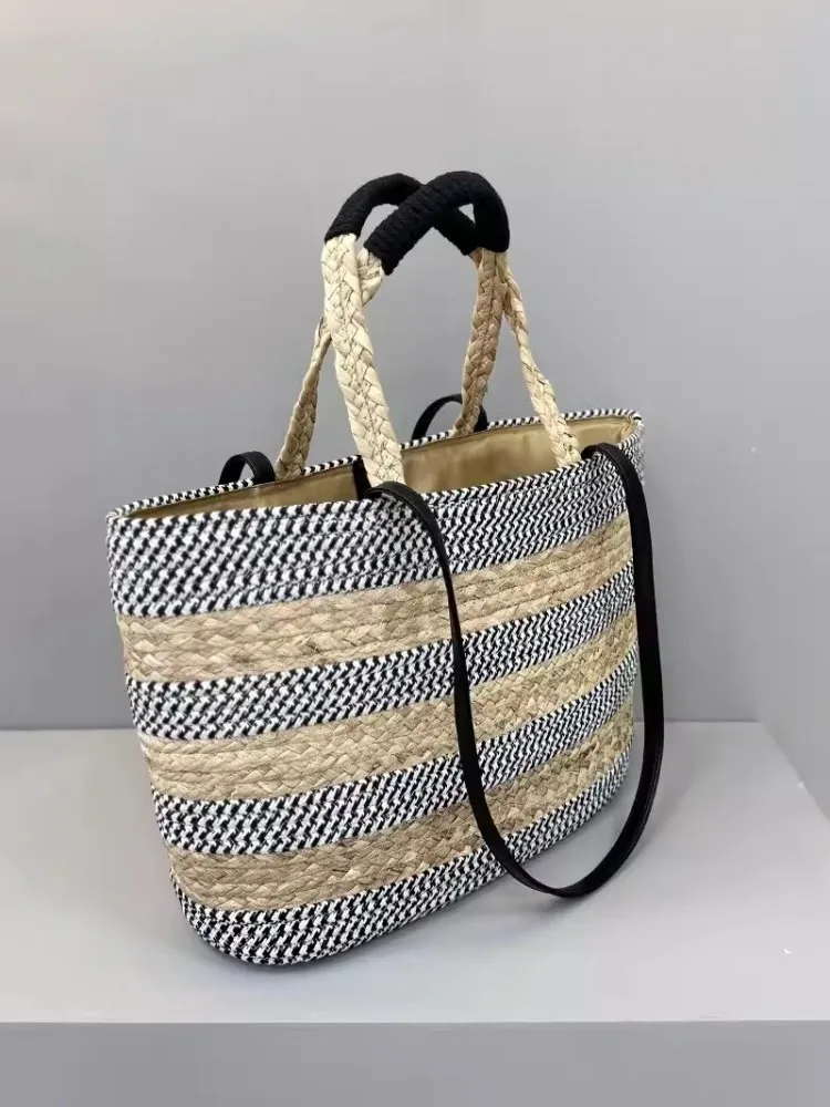 Summer Handmade Women Colors Panelled Striped Casual Totes Handbag Holiday Beach Straw Bag Large Capacity Ladies Shoulder Bag