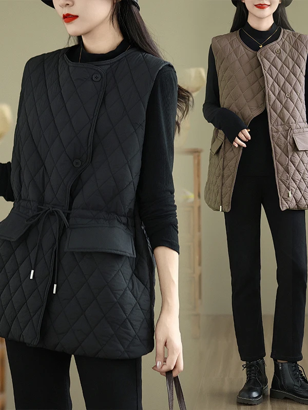 

Новая коллекция 2025: Осенне-зимний свободный жилет с круглым вырезом, молнией и регулируемым поясом, из хлопка, однотонный, верхняя одежда