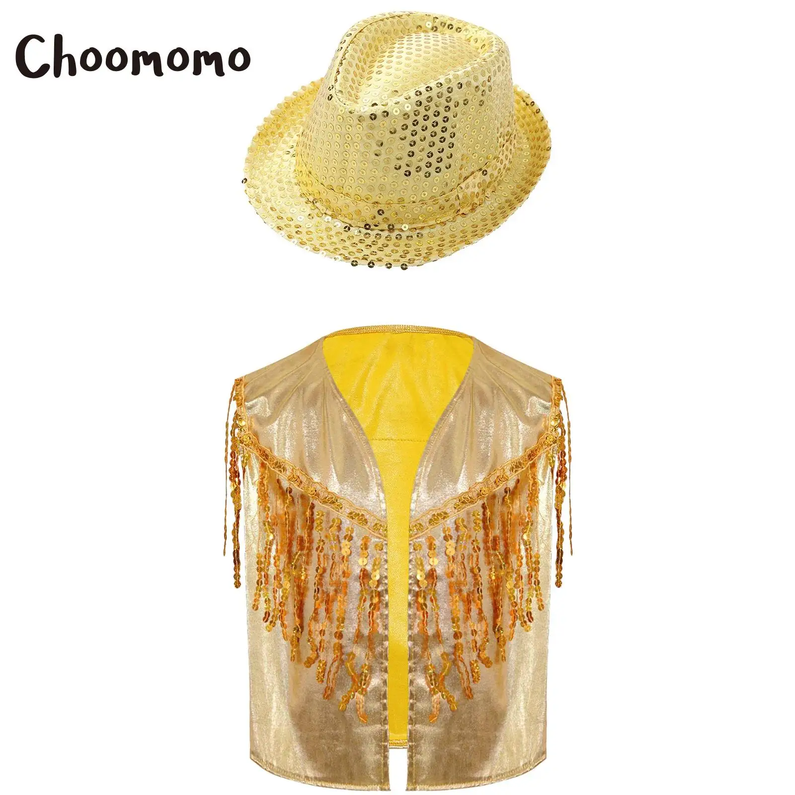 

Children Girls Jazz Dance Shows Costume Tassel Waistcoat Metallic Vest Open Front Sleeveless Jacket with Sequins Hat