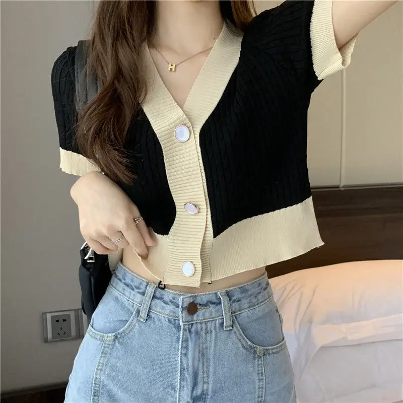 Vrouwen Button Up Korte Mouw Gebreide Top Colorblock V-hals Ingericht Crop Gebreid Vest Zomer Koreaanse Mode Tiener-meisje Outfit
