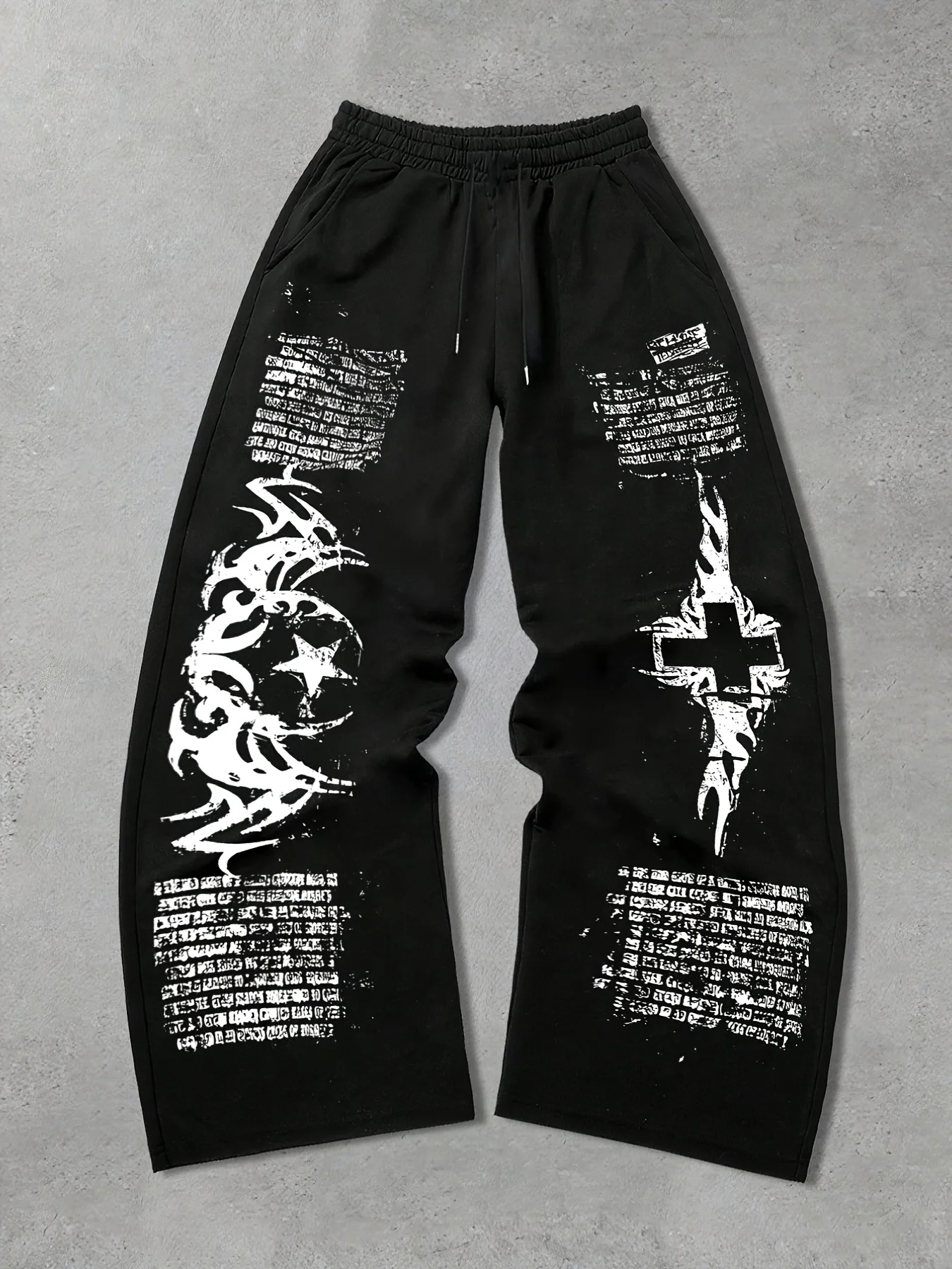 Men's Casual Sports Jogging Pants, Gothic Letter&cross&flame Pattern Printed Sweatpants, Drawstring Wide Leg Casual Pants