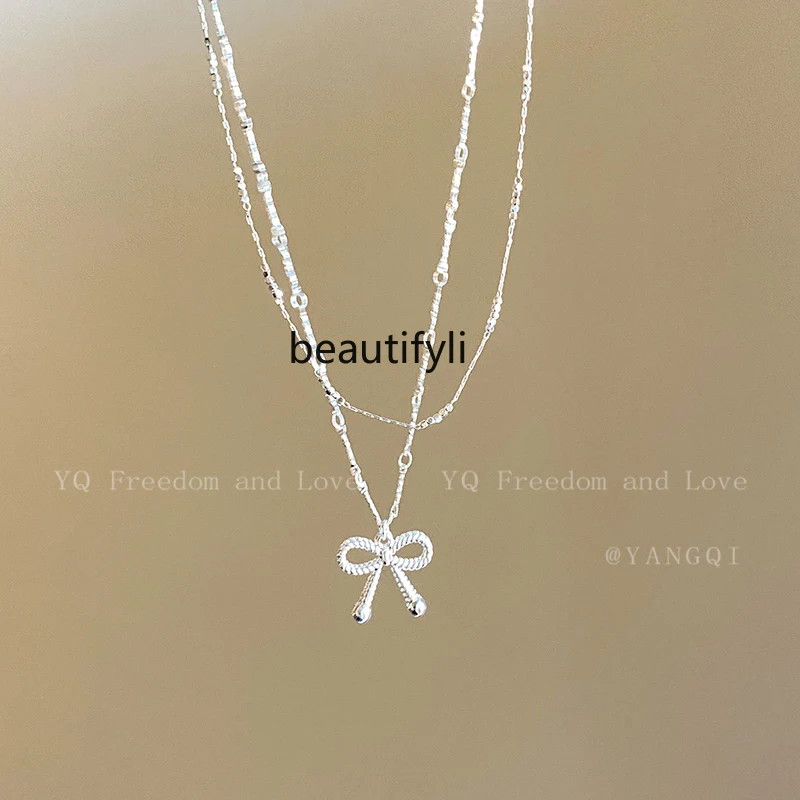 

High-Grade Bow Pendant Necklace for Women Special Interest Small Pieces of Silver Clavicle Chain Double Layer Twin Necklace