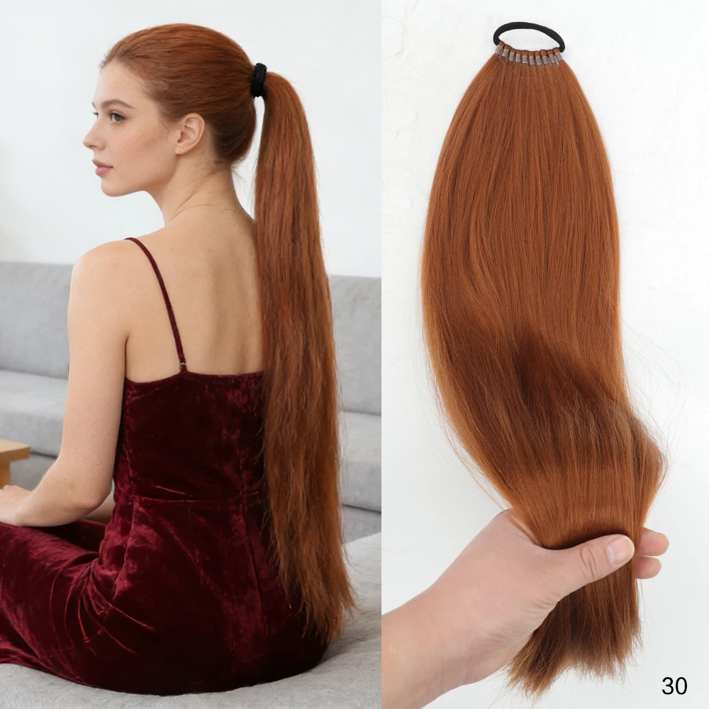 24 Inch Straight Ponytail With Elastic Band Synthetic Ponytail Extension Wrap Around Heat Resistant Pony Tail for Women