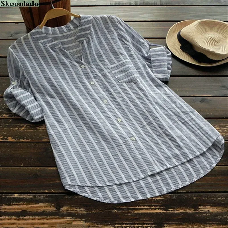 Summer Elegant Shirt Women Cotton Linen Top Long Sleeve Oversize Lady Linen Blouses Striped Classic Shirts 2022 White Blouse 5XL