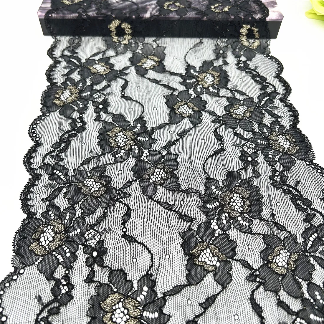 3y/lot Width 23cm Black Golden Elastic Stretch Lace Trim Lingerie Sewing Craft DIY Apparel Fabric Lace Dress Garment Accessory