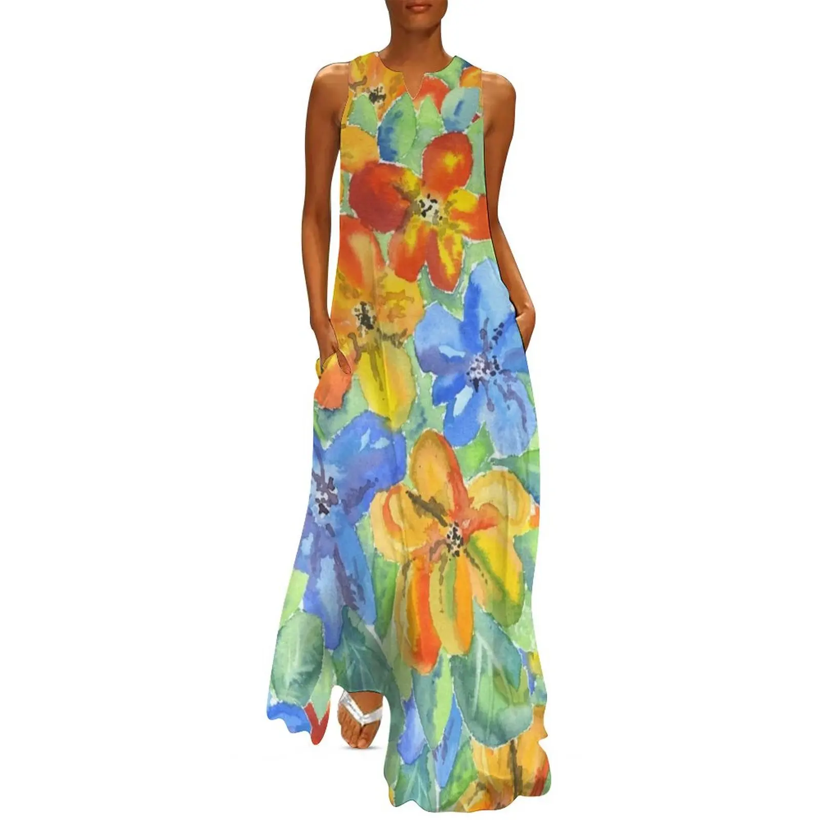 

Watercolor Hand-Painted Orange Blue Tropical Flowers Long Dress Dresses gala festival outfit women Dress