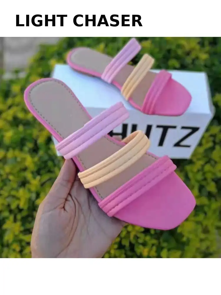 2022 Summer New Style Flip-flops Square Head Flat Bottom Simple Color Matching Beach Slippers Women's Fashion Outdoor Sandals