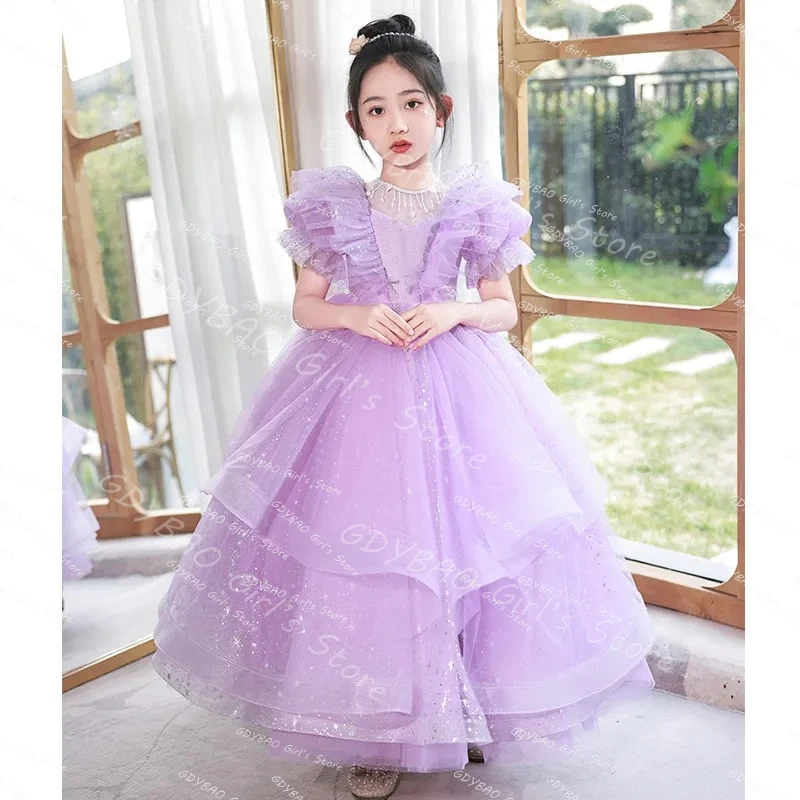 Robe à fleurs lilas pour filles, pour mariage, en Tulle à volants scintillants, longue robe de princesse de concours de 1ère Communion, robe d'anniversaire personnalisée pour enfants
