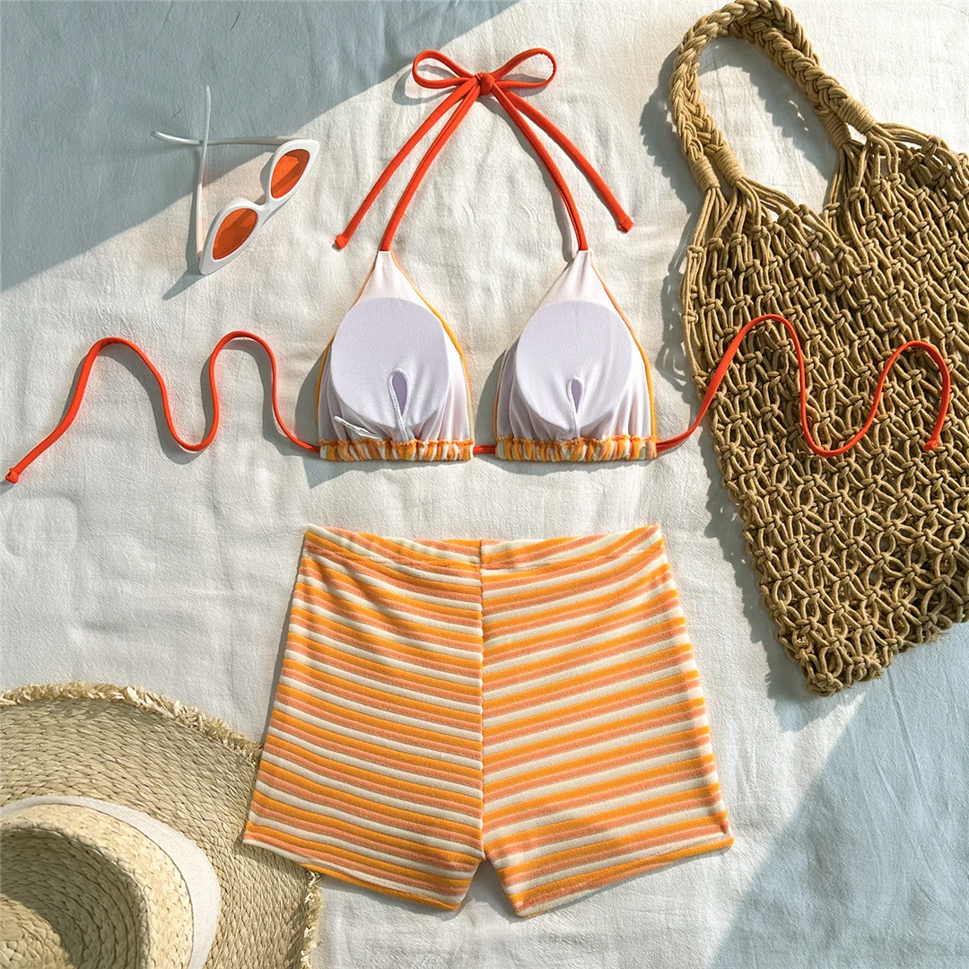 Neuer gestreifter Neckholder-Bikini mit hoher Taille, Damen-Badeanzug, zweiteiliges Bikini-Set mit Shorts, Badebekleidung, Badeanzug, Schwimmanzug V7825 – Detail 21