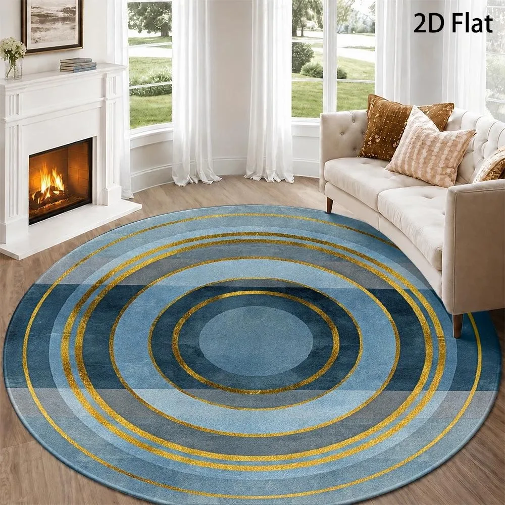 Modern Blue Gold Concentric Circle Round Carpet Gradient Ring Metallic Gold Textured Print Circular Floor Rug for Living Room