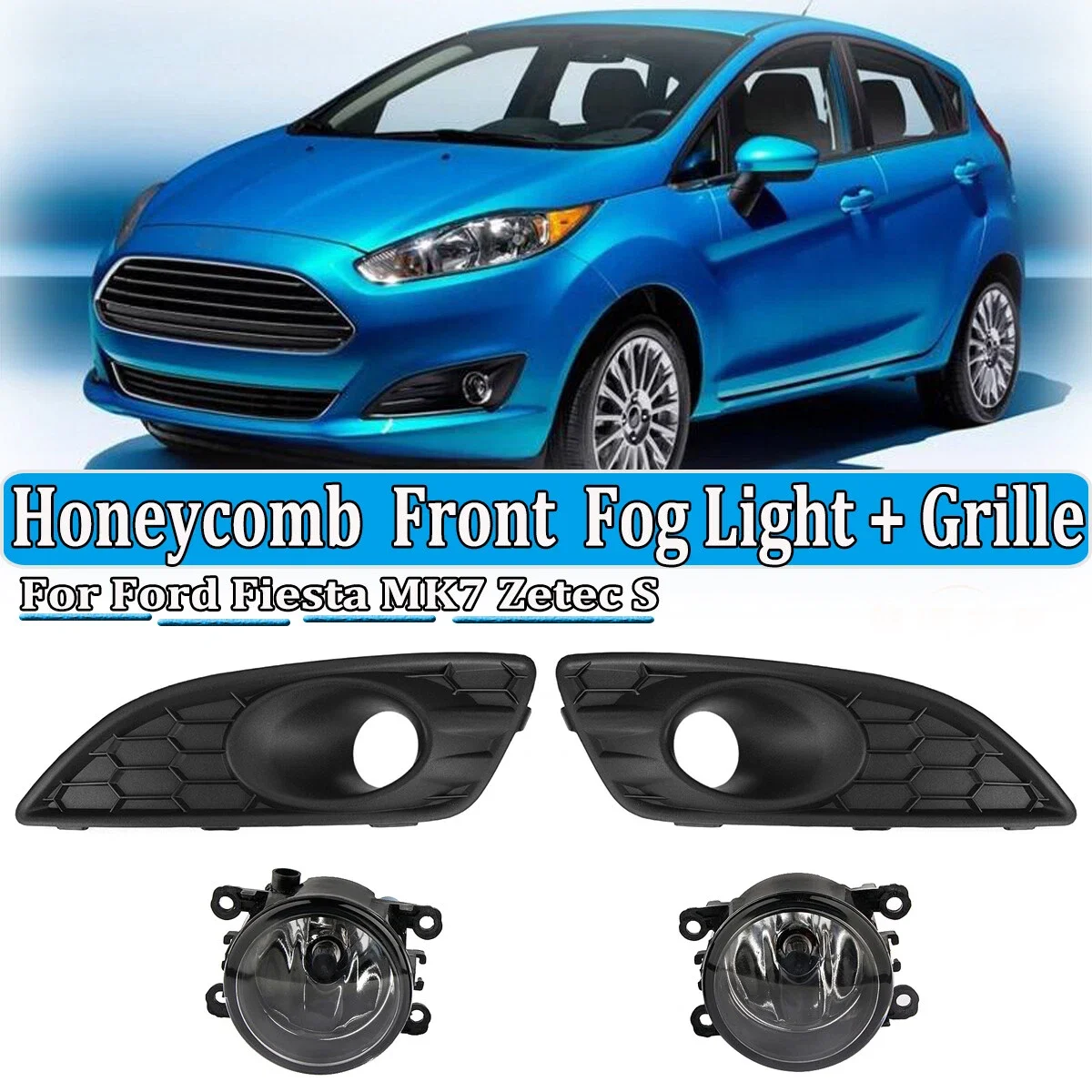 Car Front Bumper Fog Lamp Lower Grille Grill Cover 4PCS Set  + Fog Light Kit Assembly For Ford Fiesta MK7 Zetec S 2012-2017