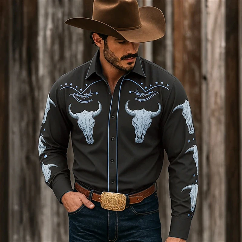 Men's Autumn Long-Sleeve Shirt Western-Style Vintage Bull Print Button-Down Loose Comfortable Casual Top for Outdoor Vacations