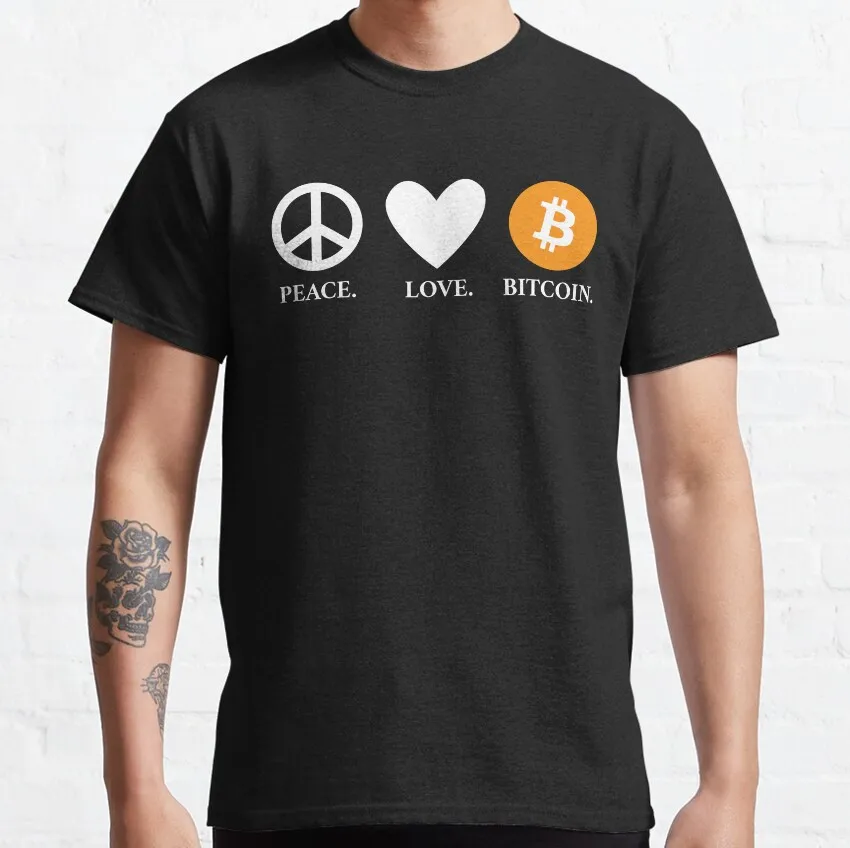 

Peace. Love. Bitcoin. Gift t shirt for Crypto Traders 100% cotton printed Graphic clothes All size tops S-6XL