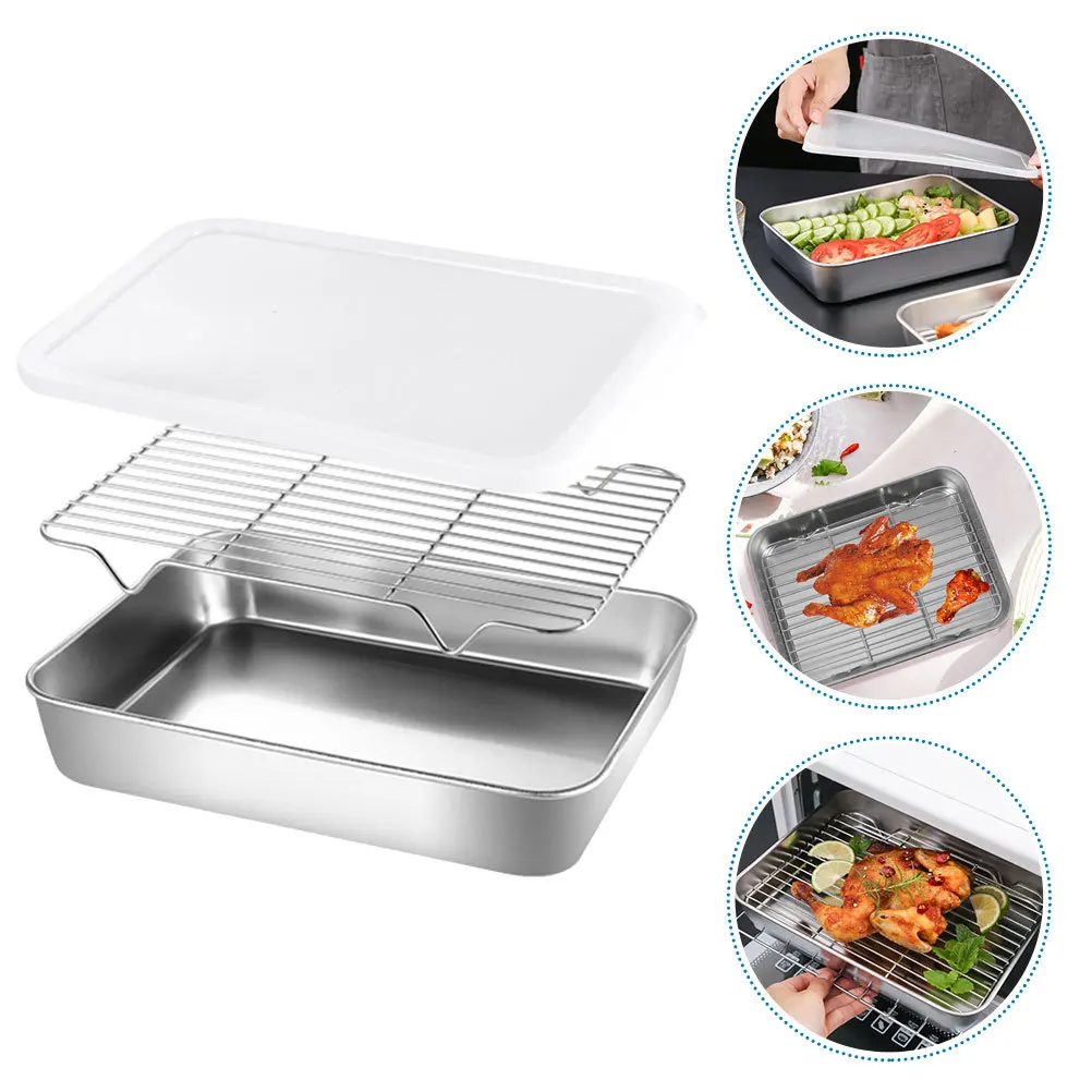 

1Set Stainless Steel Food Pan Deep Capacity Kitchen Storage Tray with Lid Mesh for Family Use Fridge Organizer Sealing Container