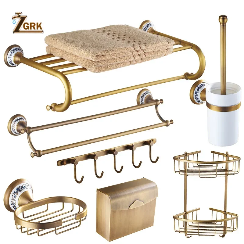 ZGRK Antique Bathroom Accessories Carved Brass Hardware Set Wall Mounted Towel Bar Paper Holder Cloth Hook Bathroom Hardware Kit