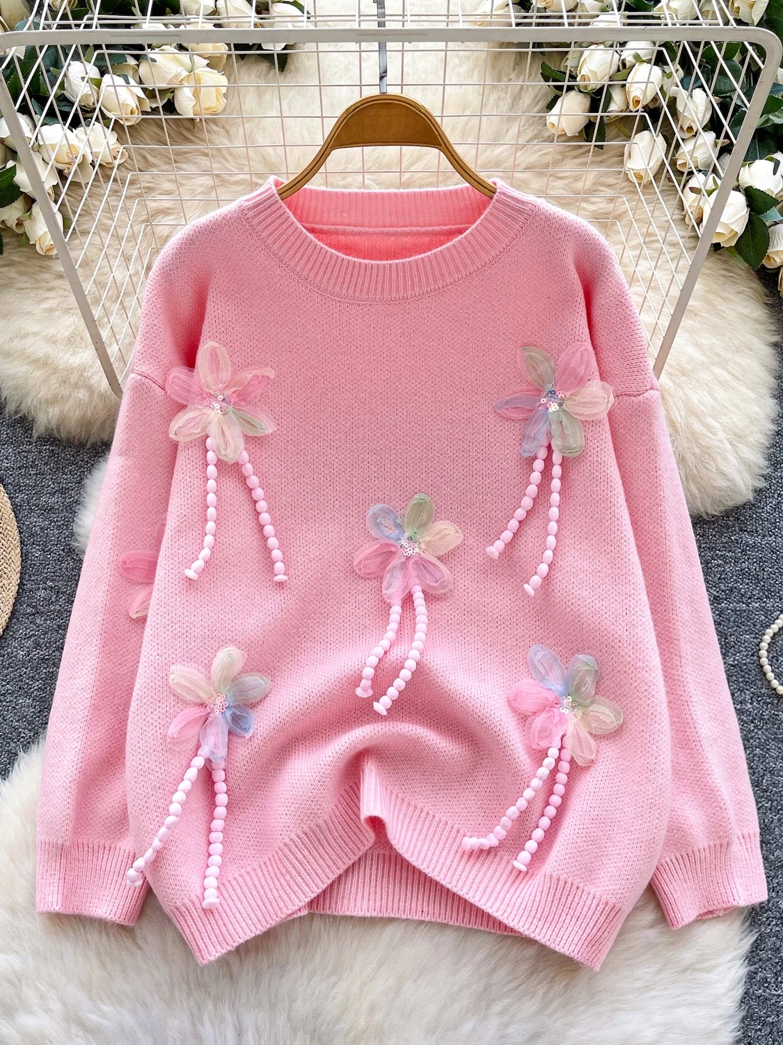 

Korean Sle Soft Sweater Women's Winter Faion Bead Embellied 3D Flower Loose Slimming Versatile round Ne Knitted Top