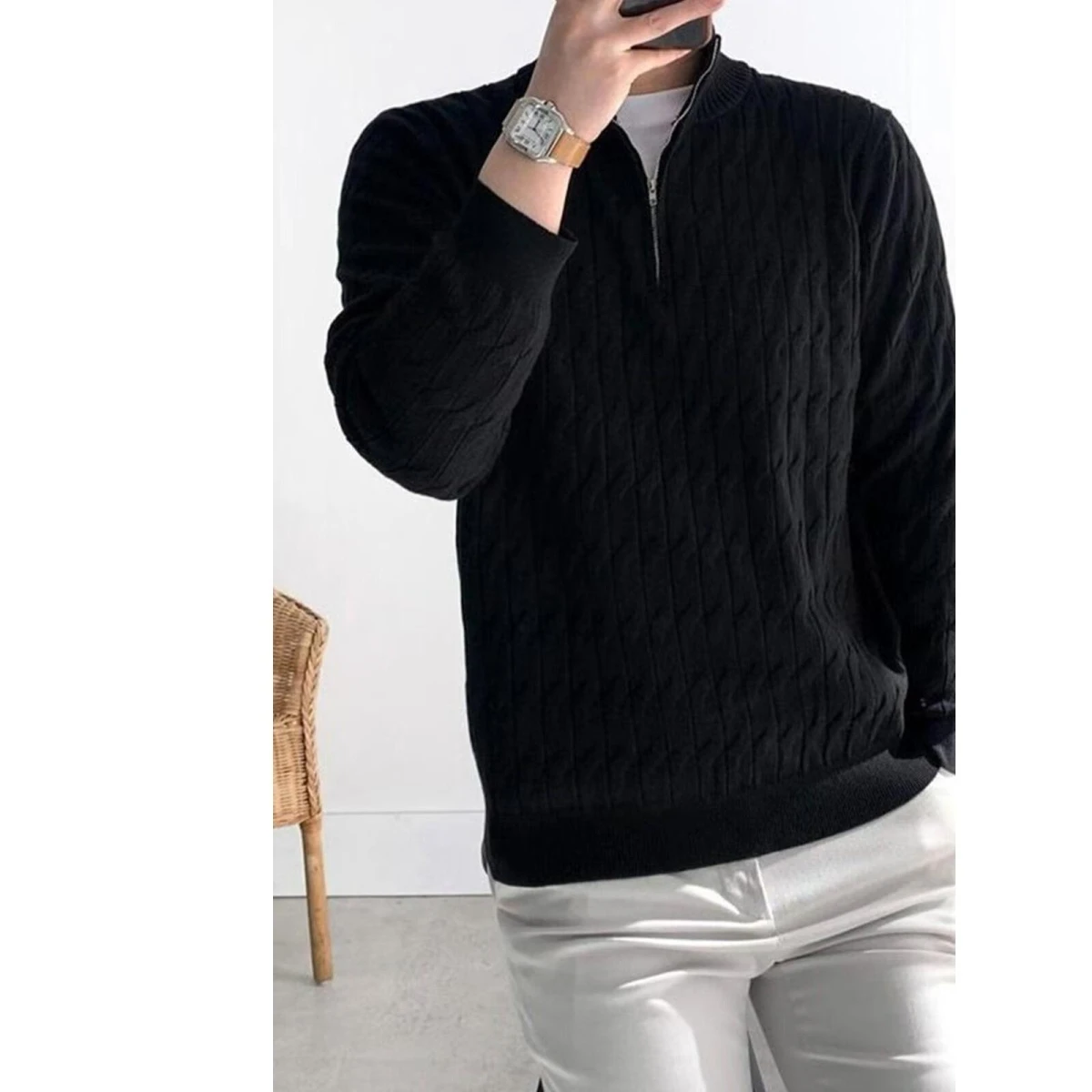 

Briti Sle, весенне-осенний мужской повседневный вязаный свитер с высоким воротником и полумолнией, обычный крой из полиэфирного волокна, длинный све