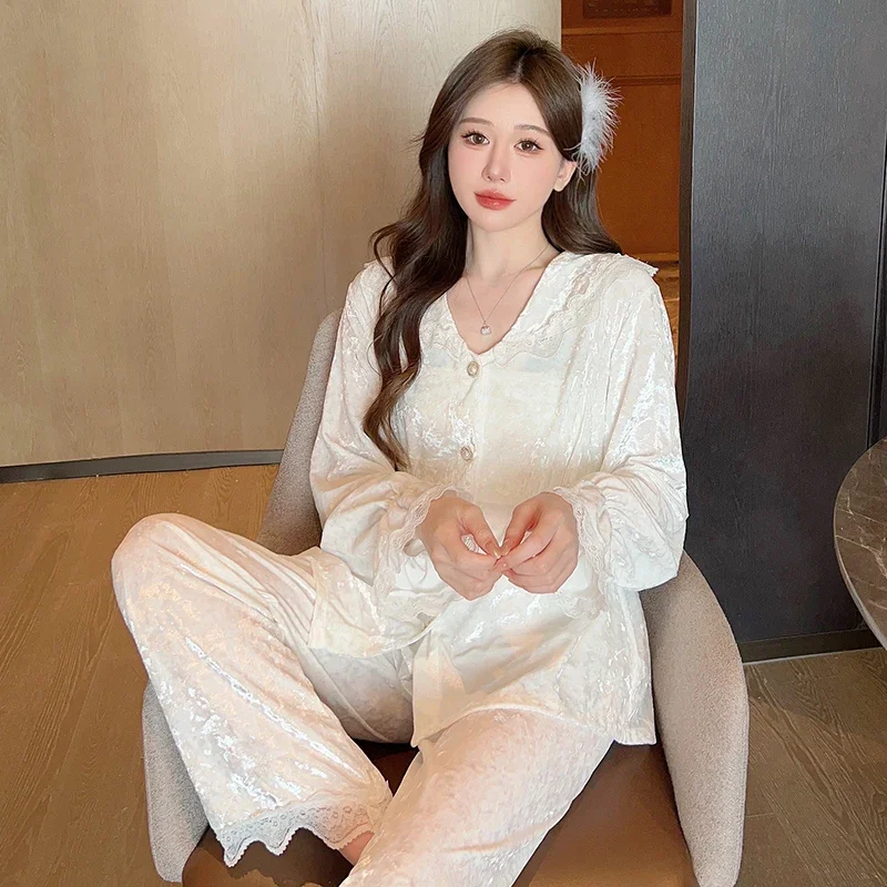 Autumn winter Long Sleeve Pajamas for Women Golden Velvet pyjamas set women\'s Lace V-Neck Cardigan Loungewear for Christmas Gift