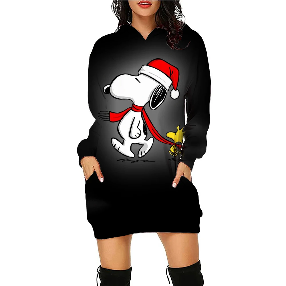 Women\'s Hoodie Dress Snoopy Printed Long Sleeve Skirt Simple Casual Sexy Knee Hoodie Dress 2024 New Christmas Hoodie Dress