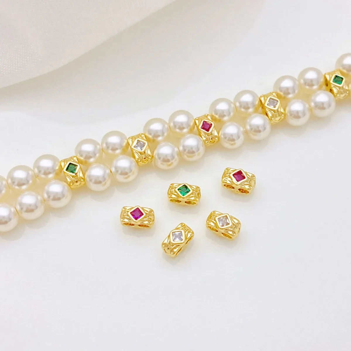 14K Gold Plated Zircon Inlaid Double Row Spacer Discs & Double Hole Barrel Beads DIY Crystal Pearl Jewelry Making Supplies