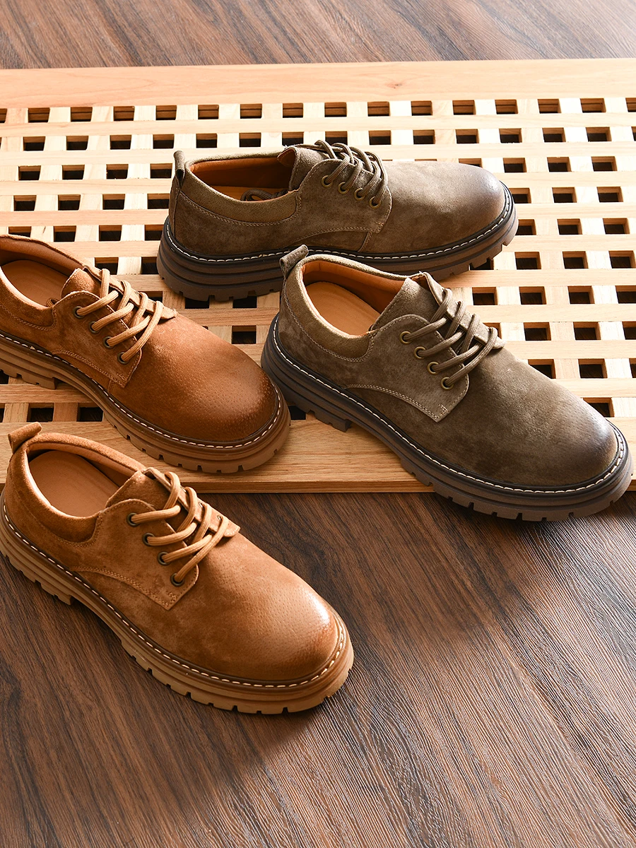 

Retro Workwear Low-Top Casual Shoes for Men Worn-In Leather And Suede Large Sole Durable round Toe British Style Shoes