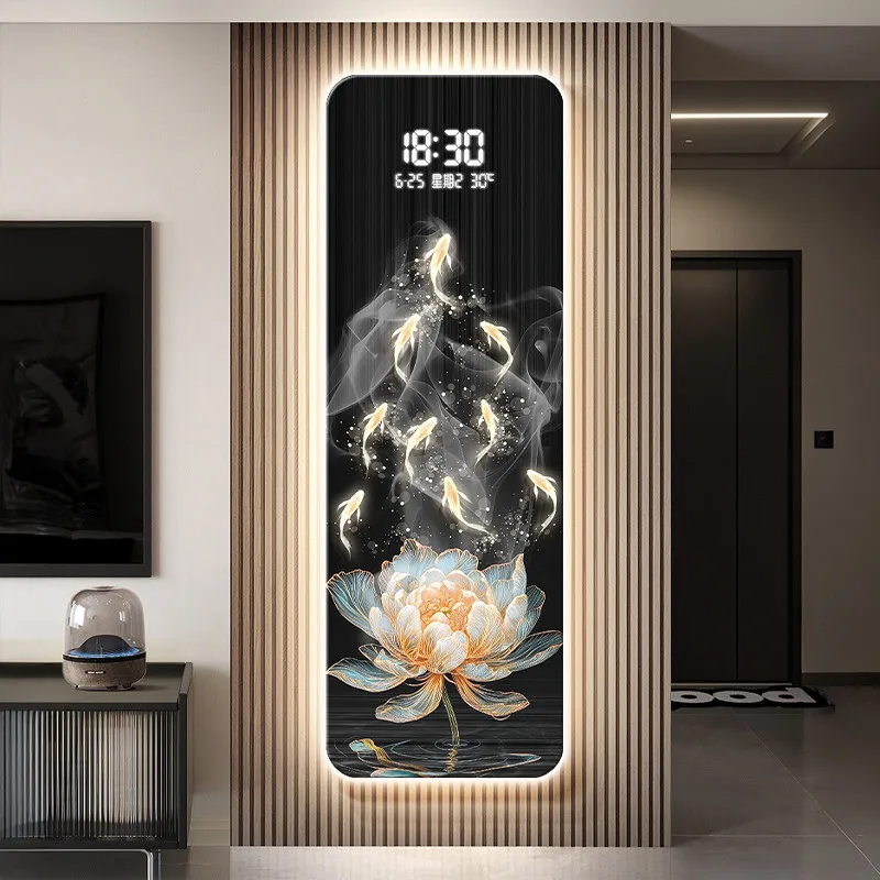 Lotus Living Room 2026 New Grille Decorative Wall Clock Nine Fish Map Intelligent Entrance Electronic Screen Mural Light