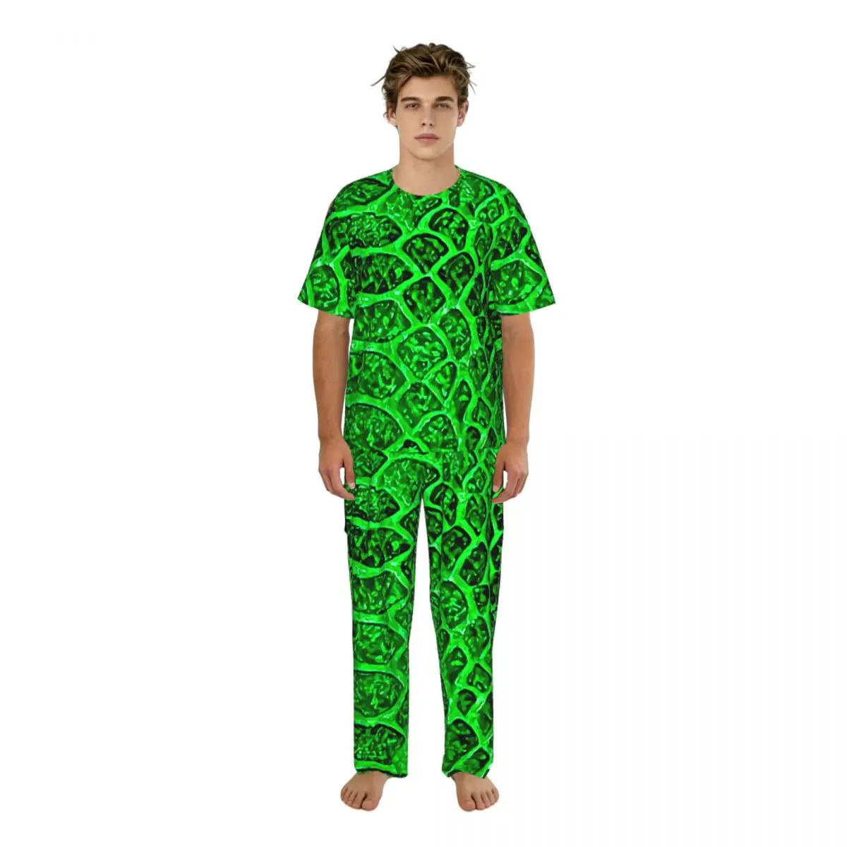 

Летняя и весенняя домашняя одежда: пижама с коротким рукавом и длинными брюками, зеленая, под змеиную кожу
