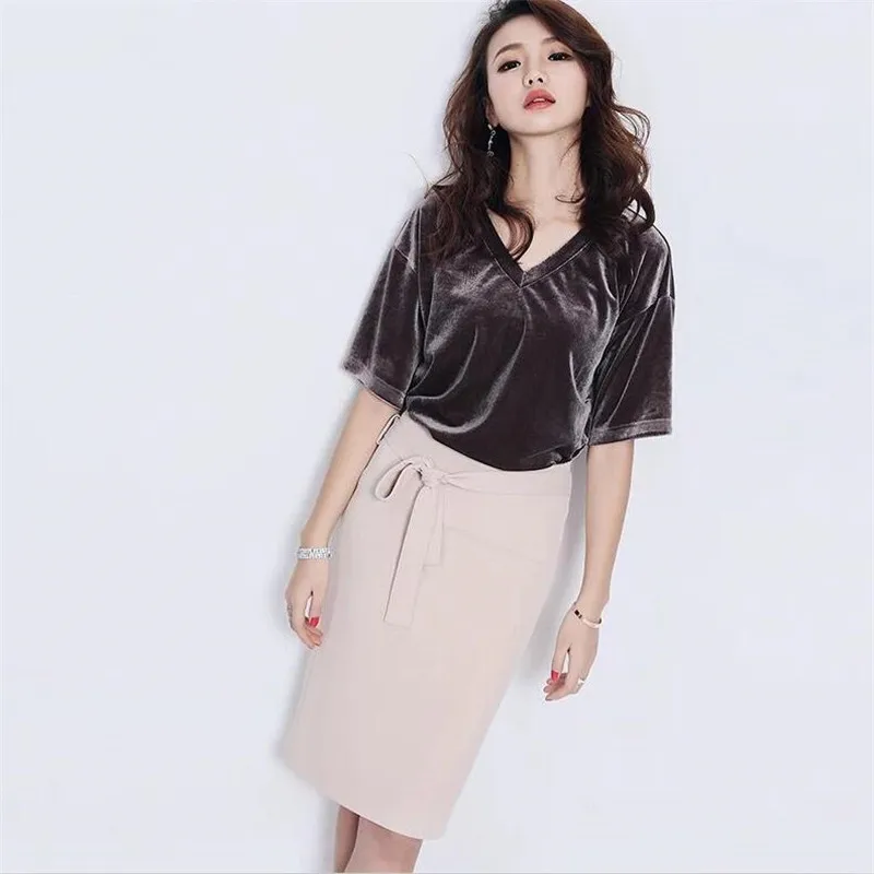 2024 Autumn Fashion Female Summer Shirt Slim Tops Gold Velvet Shirt V-Neck Short Sleeves Women Velour Shirts  brown pink black