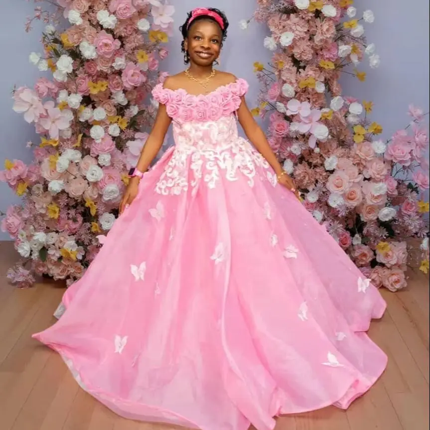 

Индивидуальные розовые платья для девочек на свадьбу с аппликациями в виде бабочек, детские платья для дня рождения, первое причастие