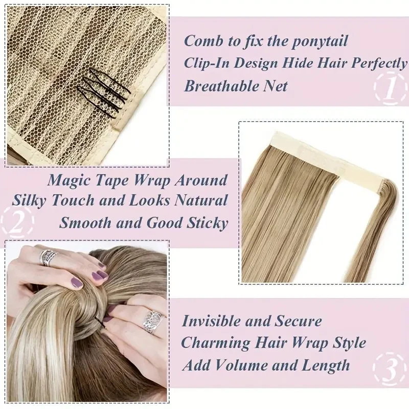 Snoilite Synthetic Long Straight Ponytail Extensions 28 Inch Wrap Around Light Golden Brown Ponytails Hair Piece Pony Tail Hair