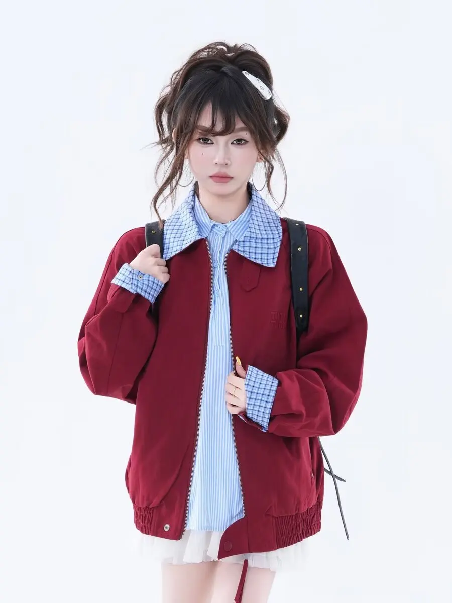 

Warm Wear Resistant Plaid Patchwork Collar Sve Jaet Top for Students Couples Preppy Sle Outerwear Cotton Blend ex