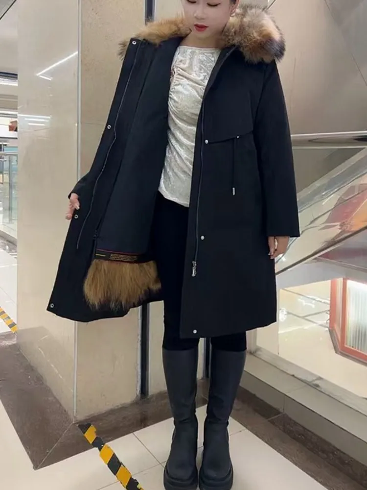 Señora cremallera forro interior desmontable piel de mapache Real abrigo largo cuello ajustado abrigo invierno grueso cálido abrigo largo señoras