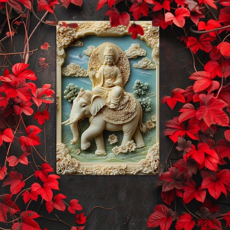 

Vintage Bodhisattva on White Elephant Aluminum Wall Art, Durable Metal Sign for Home & Office Decor, Fade-Resistant, 8X12 in 1pc