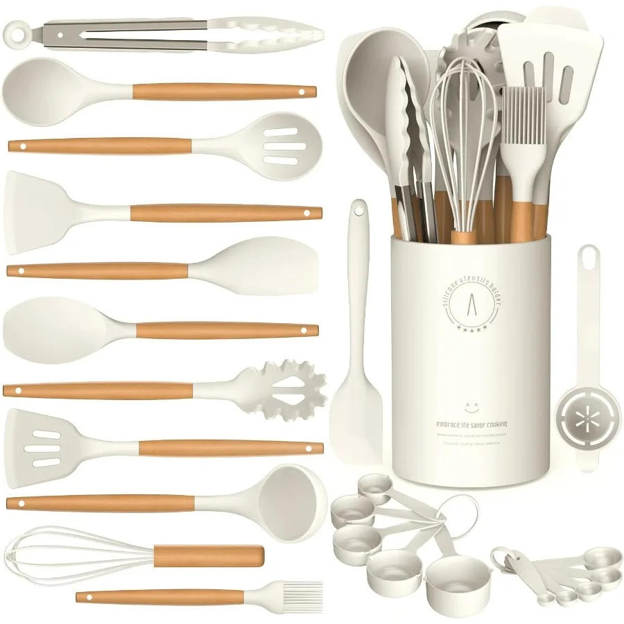 

Silicone Cooking Utensils Set with Wooden Handles for NonStick Cookware Heat Resistant Up to 446F BPA Free Kitchen Gadget Spatu