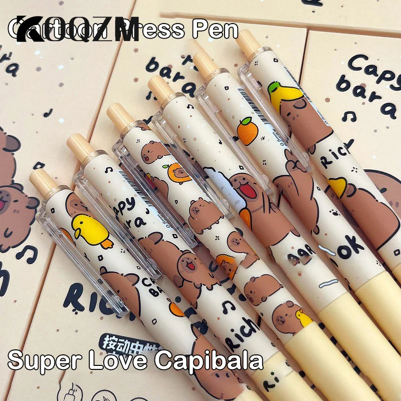 Capybara Quick-Drying Gel Pen, Caneta de Escrita Suave, Cartoon Pressionando, Material Escolar Neutro, Papelaria bonito, Kawaii, 6pcs