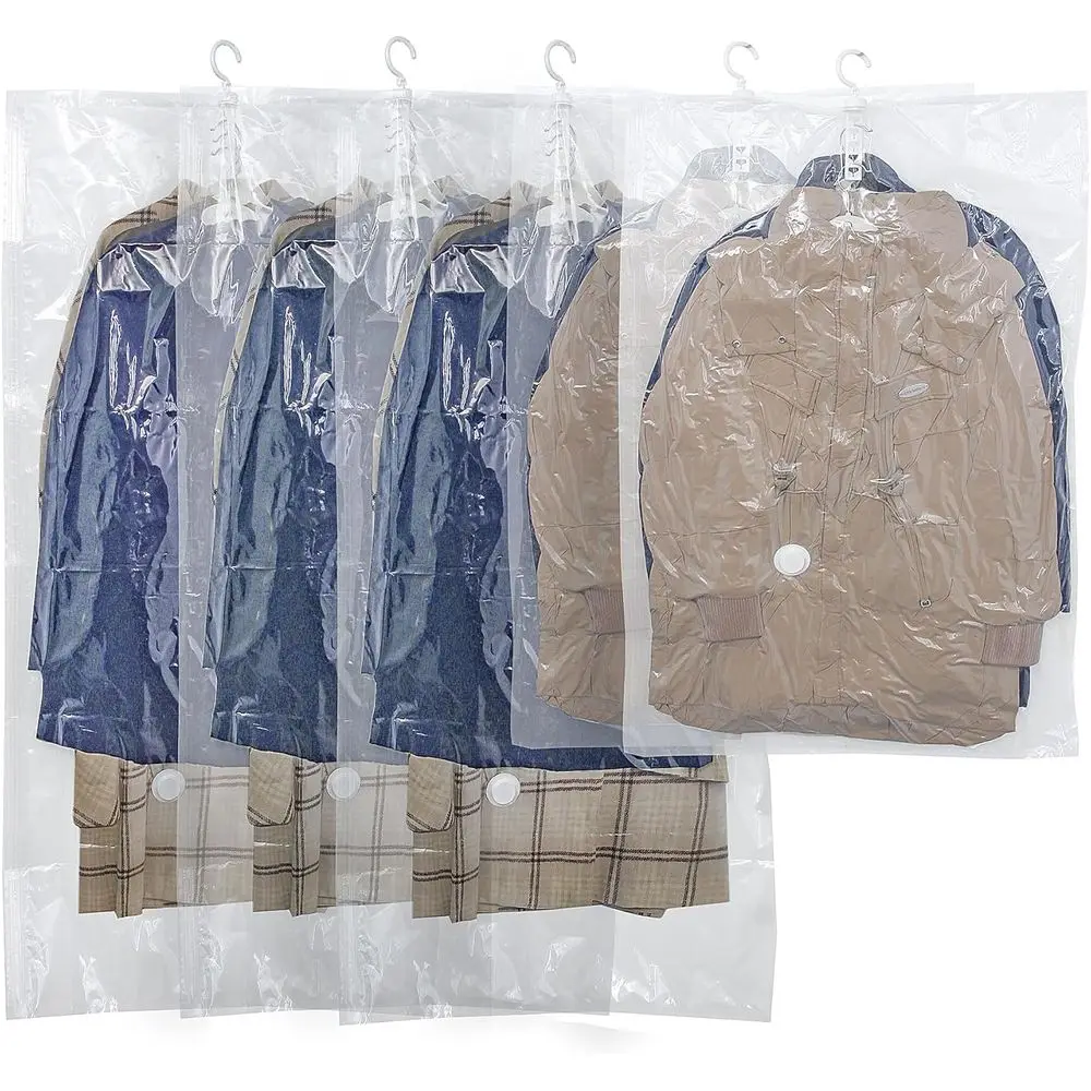 

Space-Saving Hanging Vacuum Bags for Clothes, 5-Pack with 3 Long and 2 Short, Reusable for Suits, Coats, Dresses, and Jackets