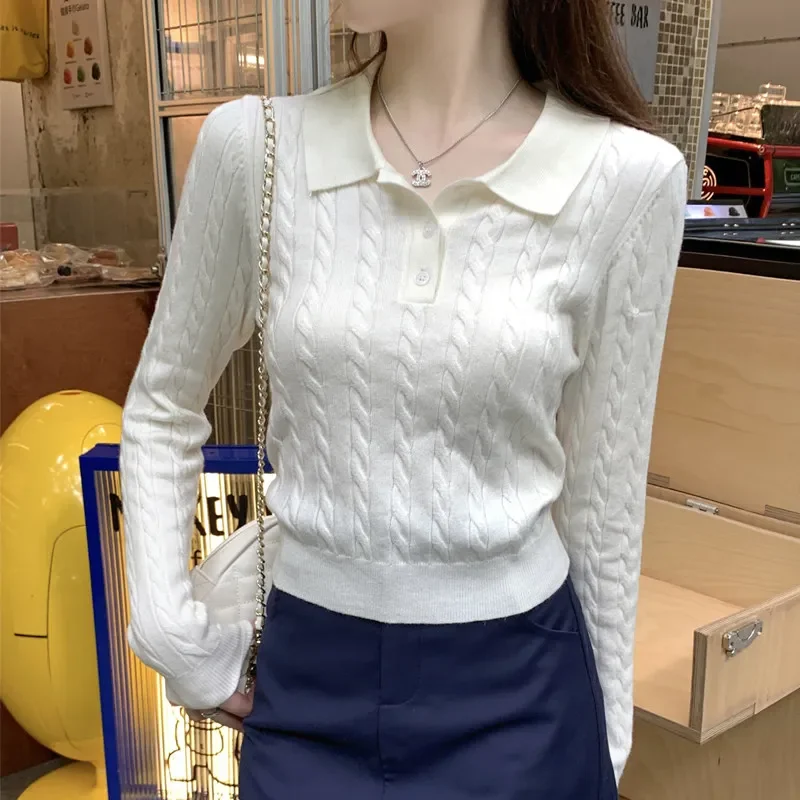 Plain Jumper Fitted Pullover Women Polo Collar Knit Sweater Button-Front Strechy Cable-Knit Long Sleeve Crop Top Tennis Core Y2K