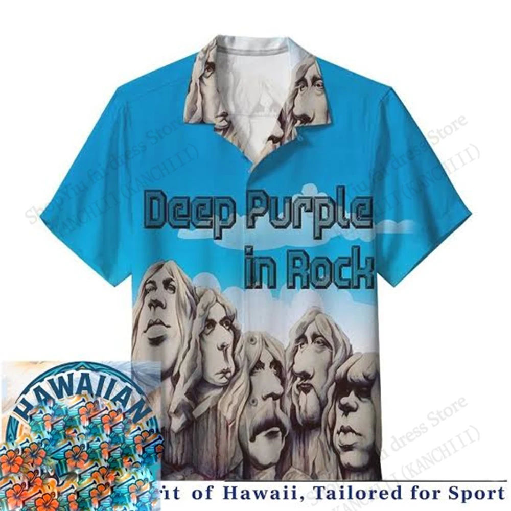Camisa Hawaiana Vintage de la Banda de Rock Deep Purple con Estampado 3D, Camisa de Manga Corta de Moda para Hombre y Mujer, Camisa de Manga Corta con Botones, Blusa Manga