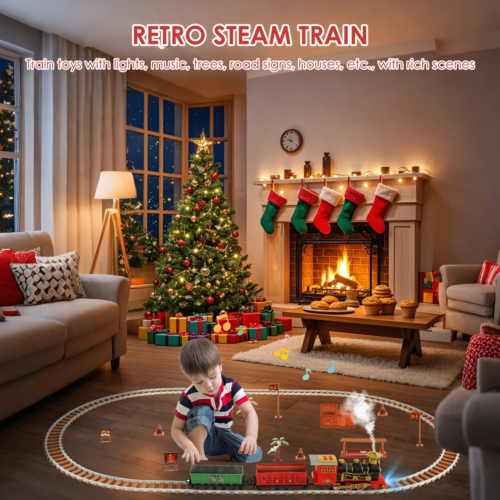 New Retro Electric Train Track Toy Set Electric Steam Rail Train with Spray with Light and Sounds Children Toy Christmas Gift