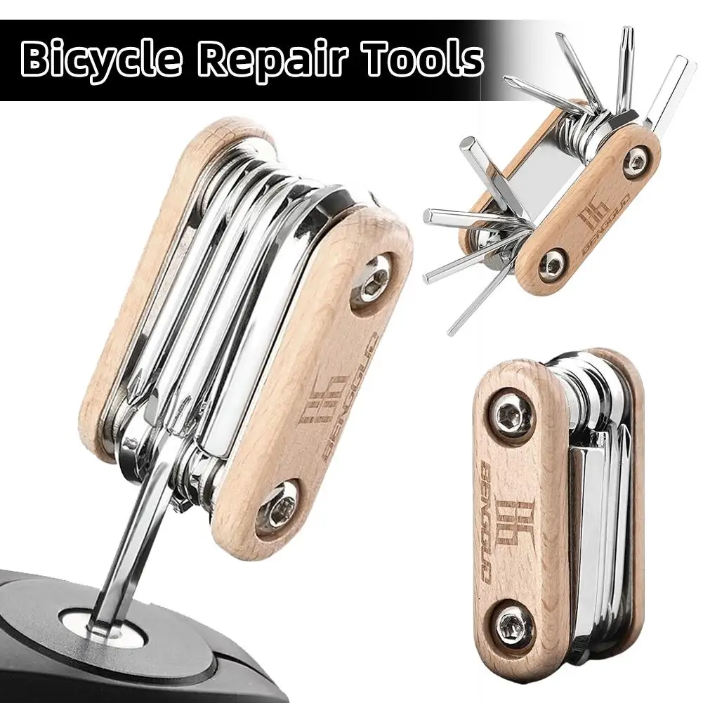 

﻿8 in 1 Mini Bike Wood Bicycle Repair Tool Kit Portable Folding Alloy Steel Wrench Screwdriver Multifunction Combination