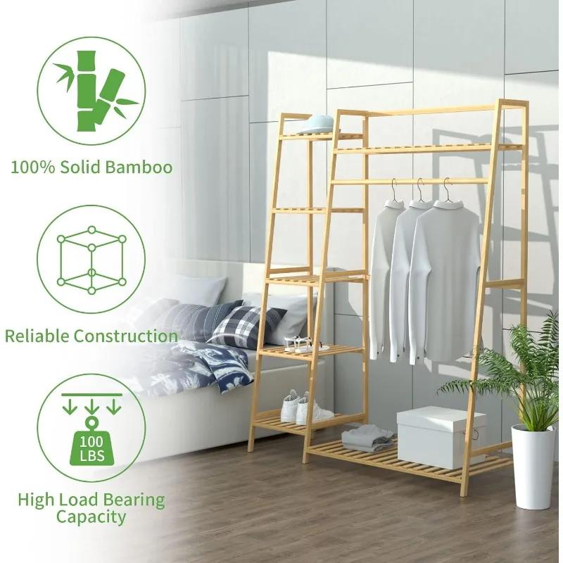 Imagem -06 - Standing Bambu Garment Rack Cabide Rolling Cloconjunto Organizer com Sapateira Prateleiras de Armazenamento de Guarda-roupa 435