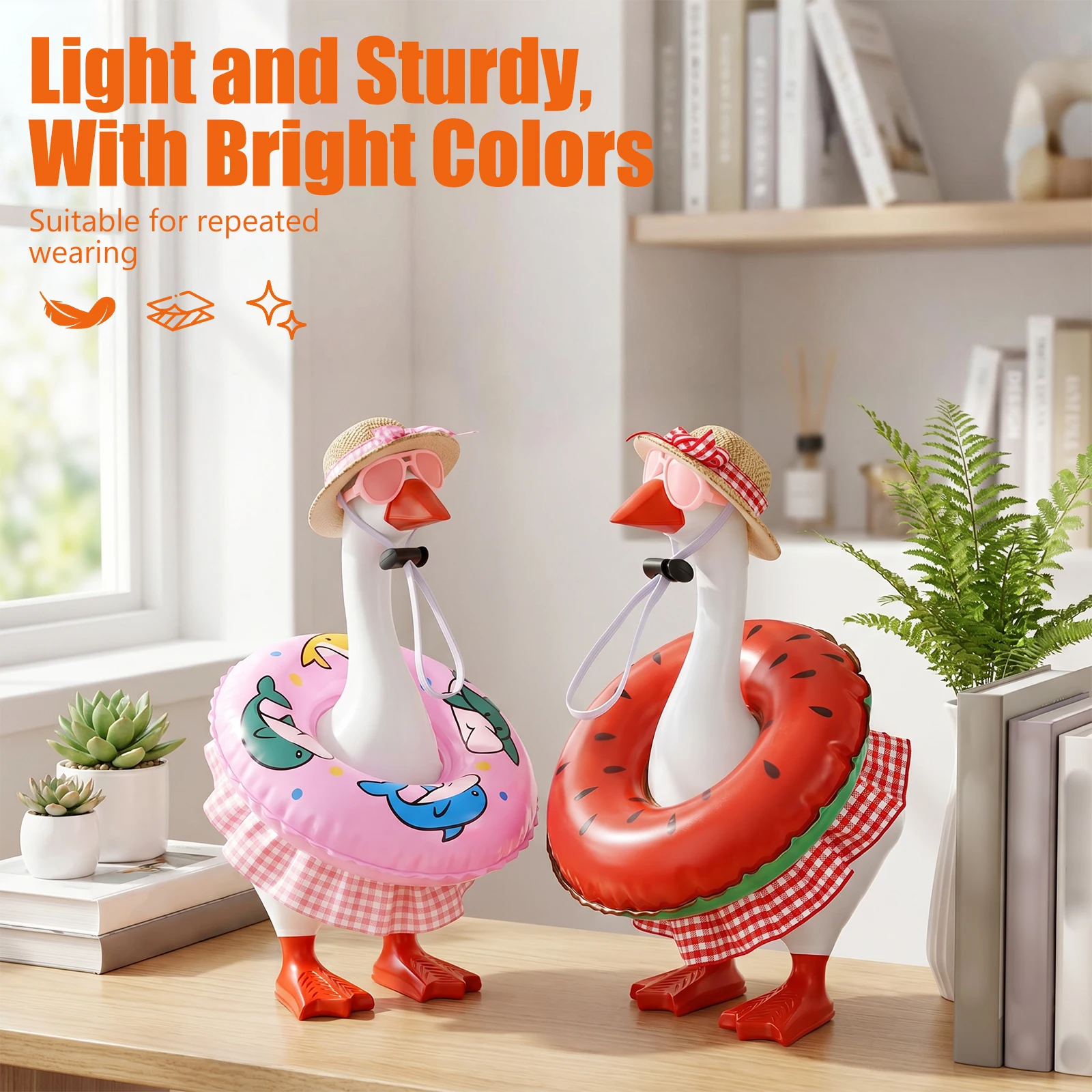2Pack 7 inch Desk Goose Outfit Fun Summer Mini Desktop Goose Statue Dress Up Clothes with Straw Hat Sunglasses Skirt Swim Ring