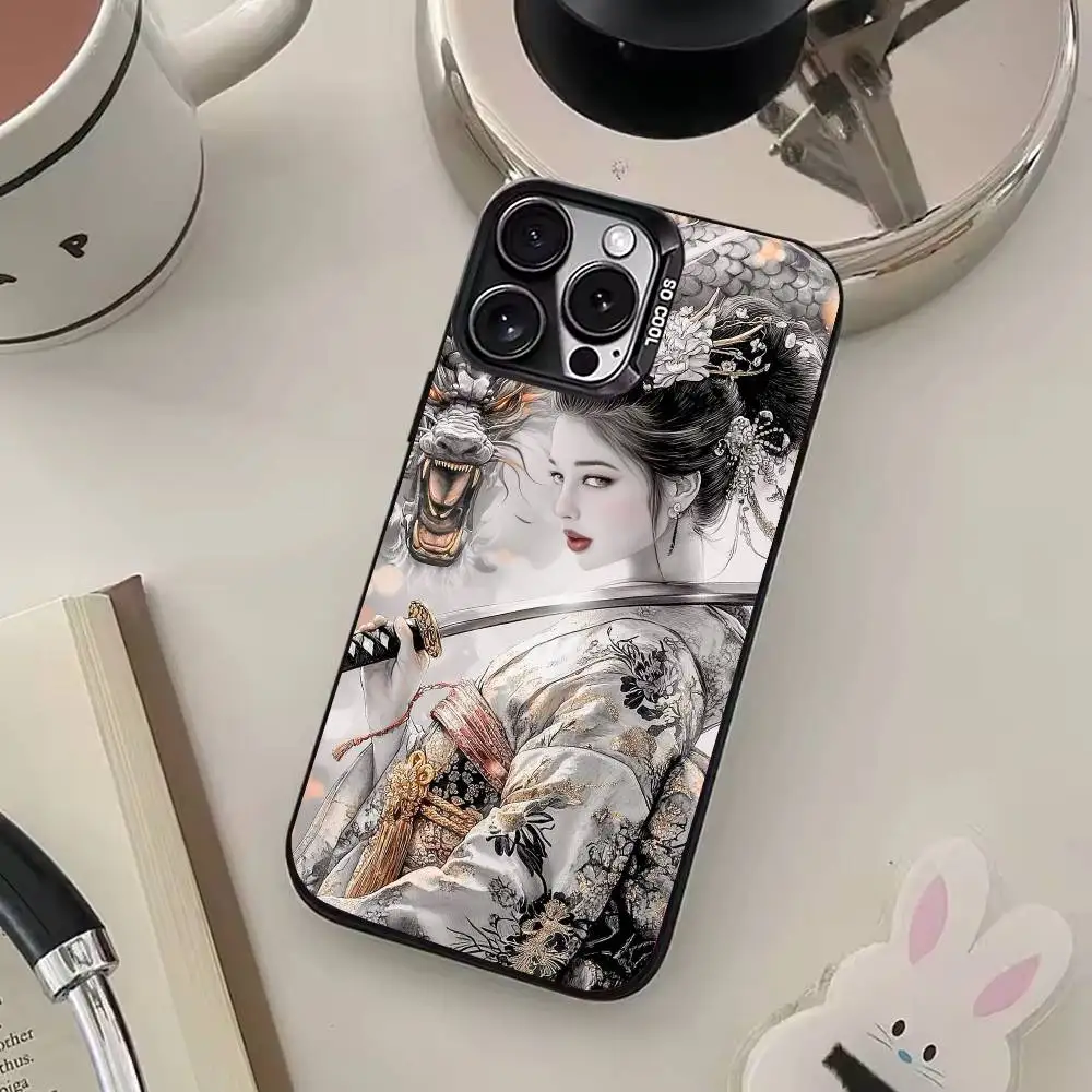 Samurai Warrior Geisha Capa de telefone preta fosca para iPhone 17/16/15/14/13/12/11 pro Max Design de doces à prova de choque