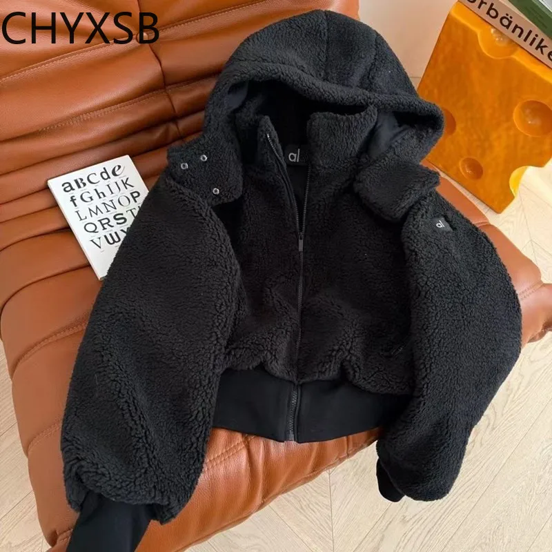 2025 Outdoor Warm Plush Comfortable Hooded Coat Short Lamb Fleece Sports Style Casual Solid Color Coat